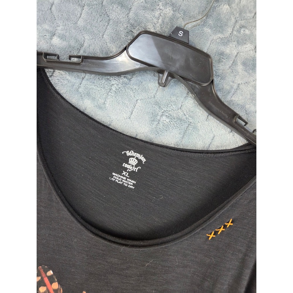 Bohemian Cowgirl Black Teepee Graphic Scoop Neck Tee XL Slub Knit Short Sleeve